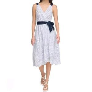 Dkny Women's Size 10 Striped Tie Waist Sleeveless Midi Dress